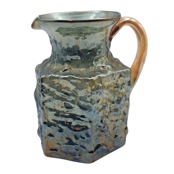 Antique Handblown Carnival Glass Gold Nugget Hexagonal Pitcher Marigold Handle - Picture 1 of 7